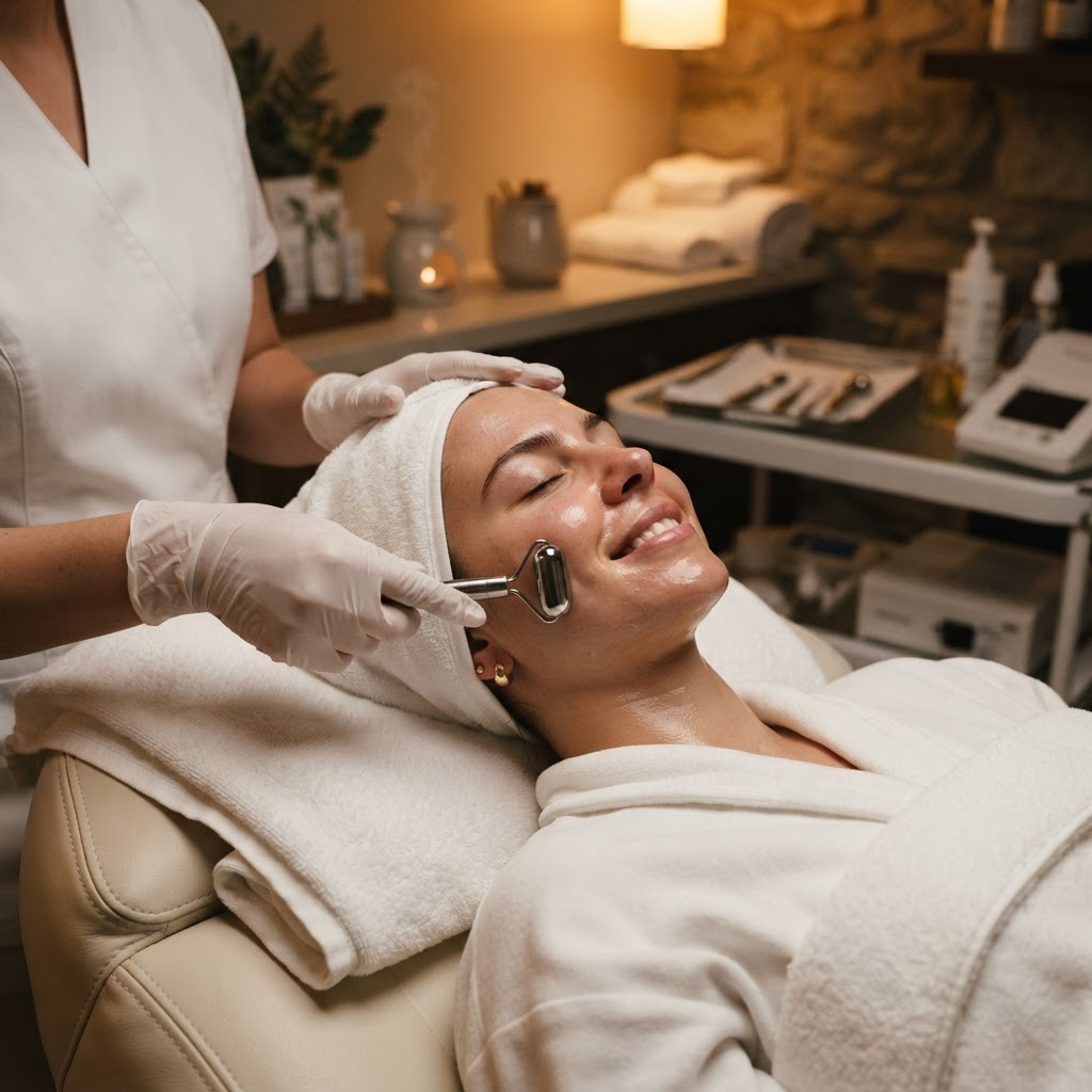 Mujer recibiendo un tratamiento facial de un pack especial